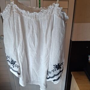 E M White Off-Shoulder Top with Blue Embroidery